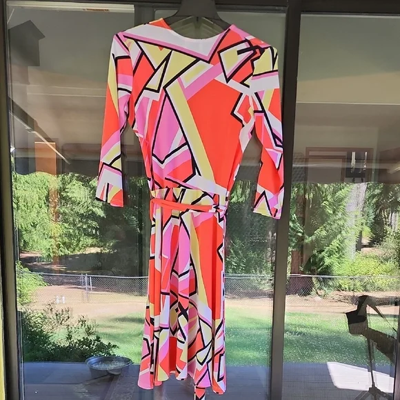 Leota New York Handmade Vibrant Geometric Faux Wrap Dress with A Waist Tie - Picture 5 of 6
